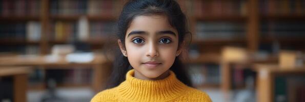 Girl in a yellow sweater stands confidently in a library with tall bookshelves around her photo