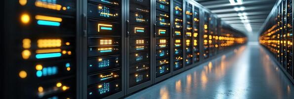 Rows of illuminated servers are lined up in a data center, creating a vibrant and high tech atmosphere photo