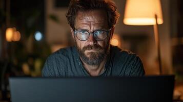 Man with glasses and a beard working intently on a laptop at night under warm lighting photo