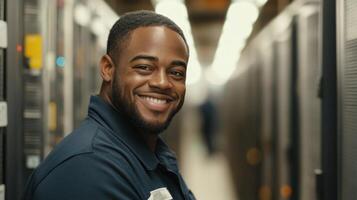 Technician smiles confidently while maintaining equipment in bustling data center environment photo