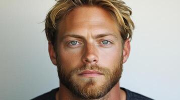 A man with light hair and a beard shows a thoughtful expression. He is centered against a plain background photo