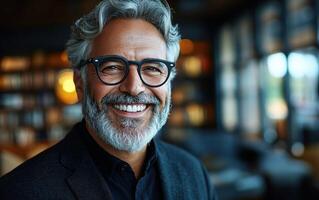 Man with a beard and stylish glasses smiles warmly while sitting in a cafe with books in the background photo