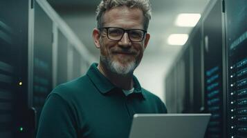 IT professional in a green shirt smiles while managing servers with a laptop in a data center photo
