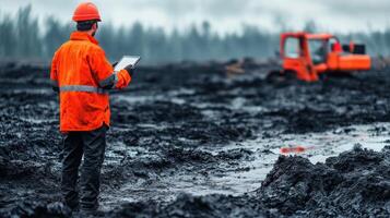 A construction worker in an orange jacket checks site conditions with a tablet in a muddy area photo