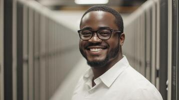 Man smiles confidently while posing in a data center filled with server racks during afternoon hours photo