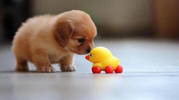 A fluffy puppy leans in to sniff a playful yellow duck toy while exploring its surroundings photo