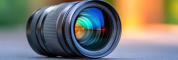 A detailed view of a camera lens displaying colorful reflections in its glass while resting on a surface photo