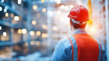 Construction worker in safety gear examines a modern warehouse for potential improvements and safety photo