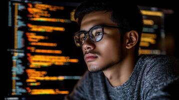 Programmer analyzes code on multiple screens while working late at night in a tech environment photo