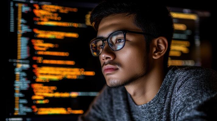Programmer analyzes code on multiple screens while working late at night in a tech environment