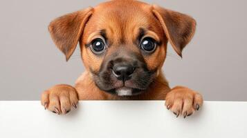 Puppy eagerly peeking with big expressive eyes, capturing attention and evoking feelings of joy and warmth photo