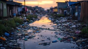 Sunset reflects on dirty water surrounded by trash in an overcrowded urban area with makeshift homes photo