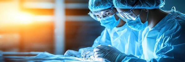 Two skilled surgeons focus on a complex surgical procedure while wearing protective gear photo
