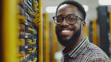 Technician adjusts network cables in a data center while smiling and enjoying the work environment photo