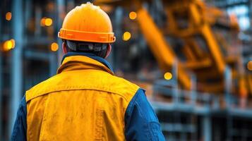 A construction worker in safety gear watches heavy machinery operating at dusk photo