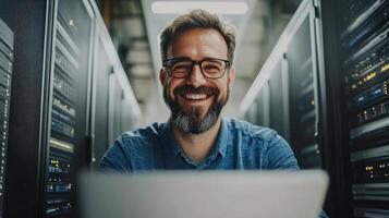 Technician enjoys his work in a high tech data center filled with servers and equipment photo