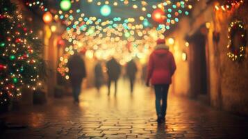 A person strolls down a cobblestone alley brightened by festive lights, creating a magical vibe photo