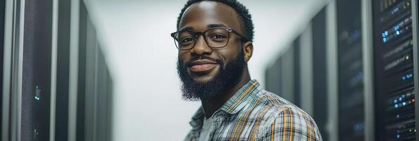 Man with a beard and glasses smiles while standing among server racks in a data center photo