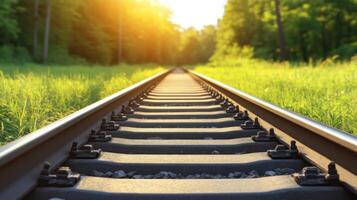 Warm sunlight illuminates a railway track flanked by vibrant green grass and trees in the background photo