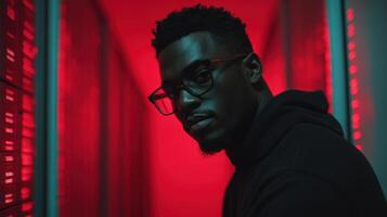 A man with glasses stares thoughtfully while illuminated by vivid red lighting in a corridor photo
