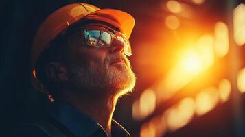 A senior worker looks upward at the setting sun while standing in a construction environment photo