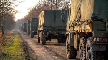 Military vehicles move steadily on a dirt road, surrounded by trees, basking in warm evening light photo