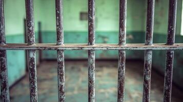 Rusty bars secure an empty cell in a deserted prison with peeling green walls and a dusty floor photo