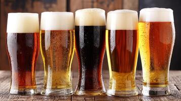 Diverse craft beers in different glasses are showcased on a rustic wooden table during a social event photo