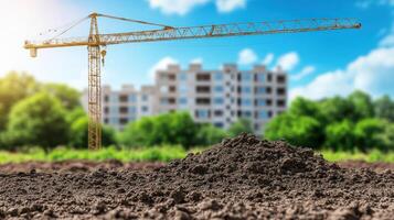 A construction site features a large yellow crane above a dirt pile with buildings in the background photo