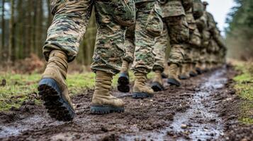 Troops walk in formation on a wet trail, demonstrating teamwork and discipline during exercises photo