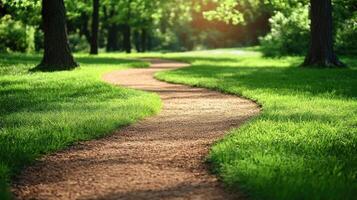 Winding pathway surrounded by vibrant greenery on a sunny spring day photo
