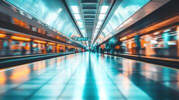 Busy subway station during peak hours with commuters moving quickly along the platform photo