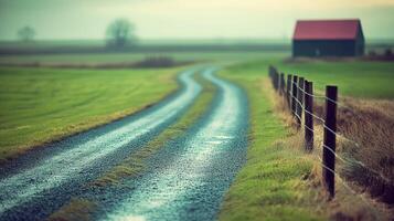 A winding gravel road stretches through lush green fields, approaching a solitary barn as twilight sets in photo