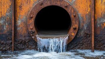 Rusty pipe discharges water into a stagnant puddle surrounded by debris in an urban area photo