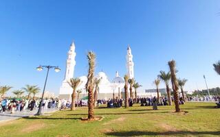 Madinah, Saudi Arabia on 28 February 2024. Quba Mosque. White Mosque Exterior Bright Sunny Day Palm Trees Green Grass photo