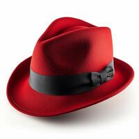 Elegant red fedora hat with black ribbon, perfect for stylish looks. photo