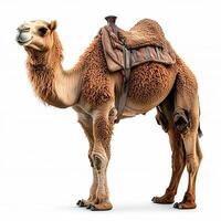 A close-up of a camel with saddle, highlighting its detailed fur. photo