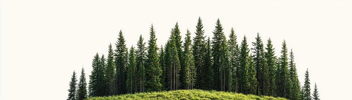 A serene green hill topped with tall evergreen trees under a clear sky. photo