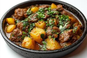 A delicious beef and potato stew garnished with fresh herbs. photo