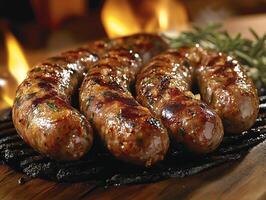 Grilled sausages on the grill with flames in the background. photo