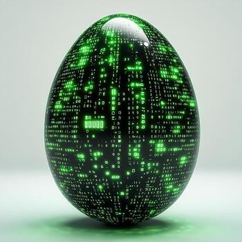 Futuristic egg displaying glowing green binary code. For Easter egg photo