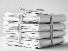 Stack of neatly bundled papers, ideal for office or stationery use. photo
