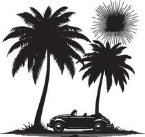 Car Silhouette with Palm Trees and Sunshine vector