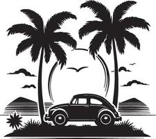 Beach Scene with Vintage Car and Palm Tree Shadows vector