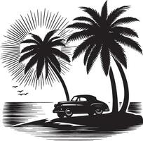 Vintage Car and Palm Trees in a Sunny Beach Setting vector