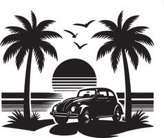 beach two palm tree sunshine with vintage car vector