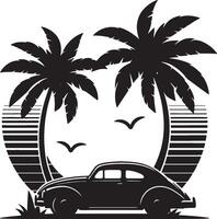 Classic Car Silhouette with Palm Trees and Sunshine vector