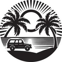 Retro Car and Palm Trees in a Beach Sunset Silhouette vector