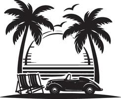 Classic Car on a Beach with Palm Trees and Sunshine vector