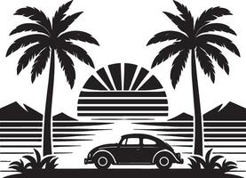 Silhouette of Old Car and Palm Trees on a Beach vector
